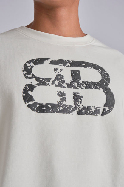 WHITE STACKED DISTRESSED LOGO CREW NECK SWEATSHIRT