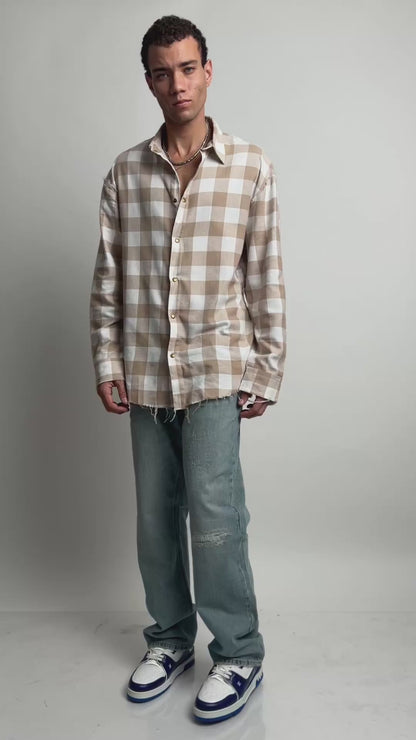 SHREDDED SEAM DROP NECK SHIRT BEIGE PLAID